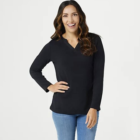 Denim & Co. Split V-Neck Long Sleeve Top  7194 - Picture 1 of 2